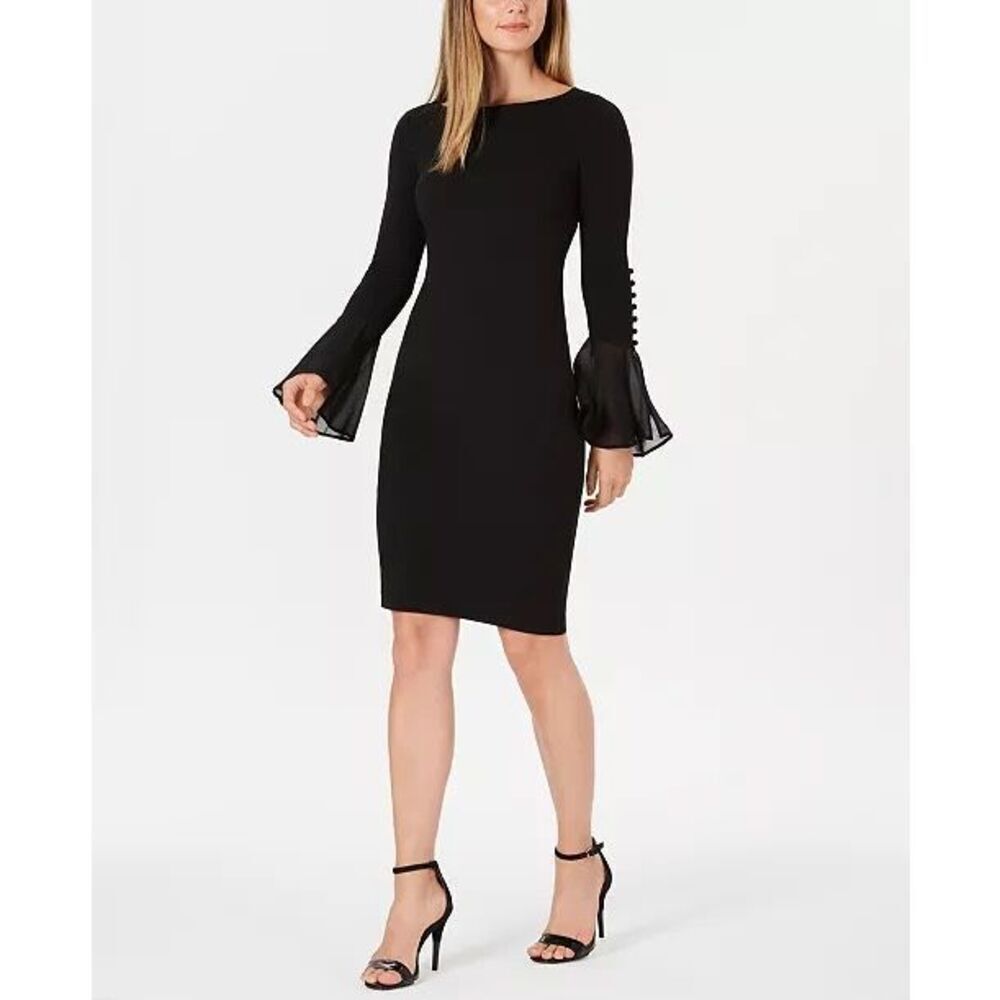 Calvin Klein Chiffon Bell-Sleeve Sheath Dress black size 4 new